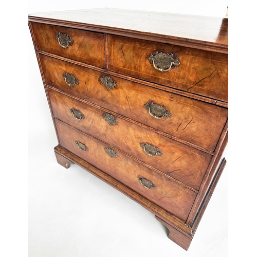 223 - CHEST, early 18th century English Queen Anne figured walnut, crossbanded and line inlaid with two sh... 