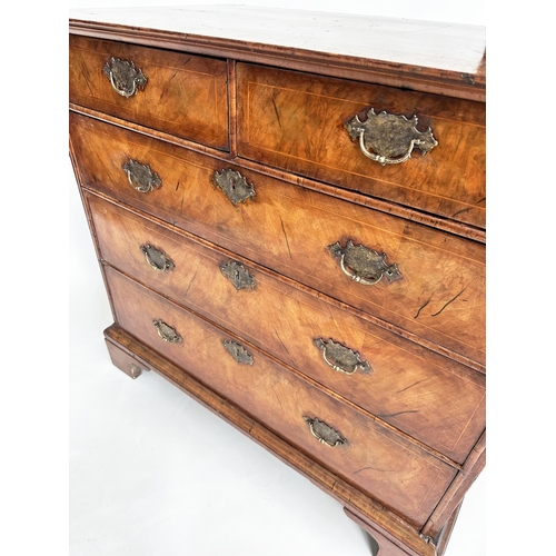 223 - CHEST, early 18th century English Queen Anne figured walnut, crossbanded and line inlaid with two sh... 