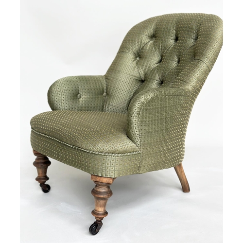 227 - SLIPPER ARMCHAIR, Victorian mahogany with moss green trellis woven fabric upholstery and turned supp... 