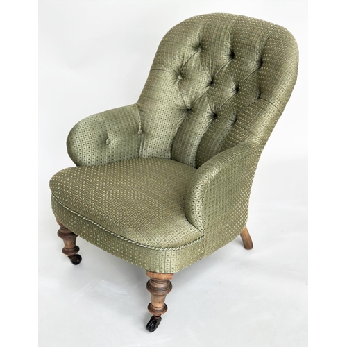 227 - SLIPPER ARMCHAIR, Victorian mahogany with moss green trellis woven fabric upholstery and turned supp... 