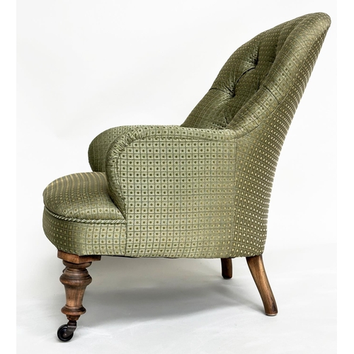 227 - SLIPPER ARMCHAIR, Victorian mahogany with moss green trellis woven fabric upholstery and turned supp... 