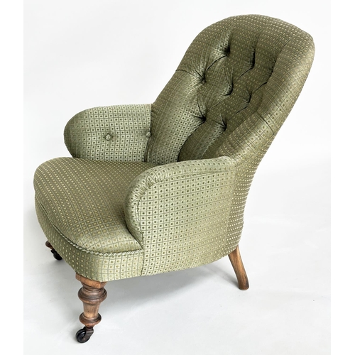 227 - SLIPPER ARMCHAIR, Victorian mahogany with moss green trellis woven fabric upholstery and turned supp... 