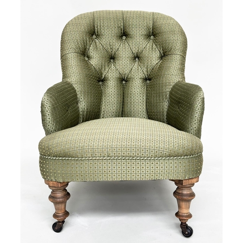 227 - SLIPPER ARMCHAIR, Victorian mahogany with moss green trellis woven fabric upholstery and turned supp... 