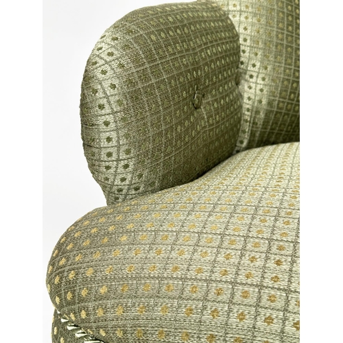 227 - SLIPPER ARMCHAIR, Victorian mahogany with moss green trellis woven fabric upholstery and turned supp... 