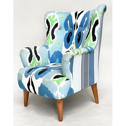 309 - ARMCHAIR, contemporary batik style upholstery with buttoned back and tapering supports, 80cm W.