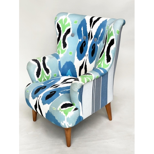 309 - ARMCHAIR, contemporary batik style upholstery with buttoned back and tapering supports, 80cm W.