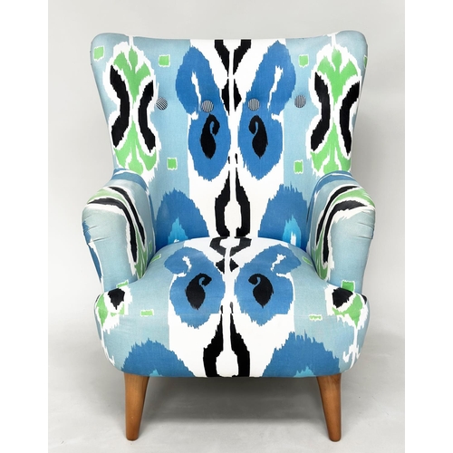 309 - ARMCHAIR, contemporary batik style upholstery with buttoned back and tapering supports, 80cm W.