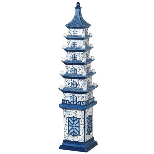 352 - DELFTWARE STYLE PAGODA TULIP VASE, blue and white ceramic, 90cm H x 19cm x 19cm.