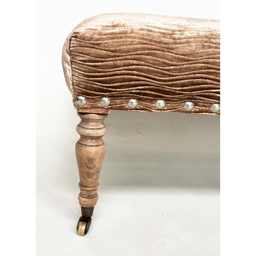 218 - HEARTH STOOL, period style coffee corded brass studded velvet, with limed oak turned supports, 102cm... 