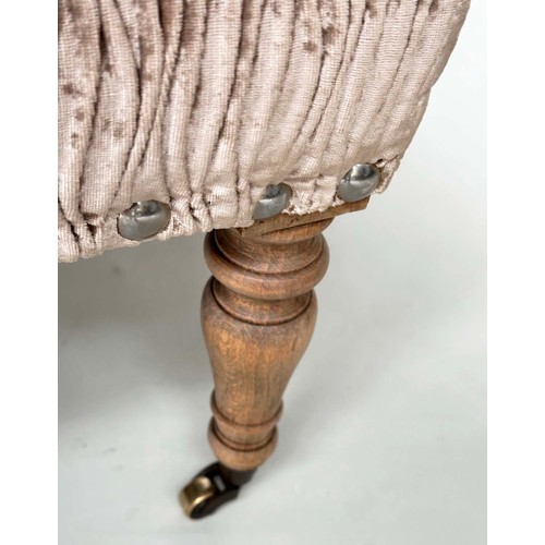 218 - HEARTH STOOL, period style coffee corded brass studded velvet, with limed oak turned supports, 102cm... 