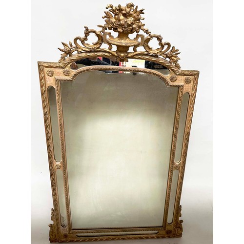 224 - WALL MIRROR, 19th century French giltwood and gesso moulded, arched with marginal mirror plates and ... 