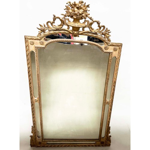 224 - WALL MIRROR, 19th century French giltwood and gesso moulded, arched with marginal mirror plates and ... 