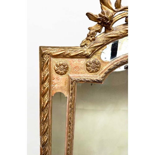 224 - WALL MIRROR, 19th century French giltwood and gesso moulded, arched with marginal mirror plates and ... 