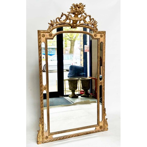 224 - WALL MIRROR, 19th century French giltwood and gesso moulded, arched with marginal mirror plates and ... 