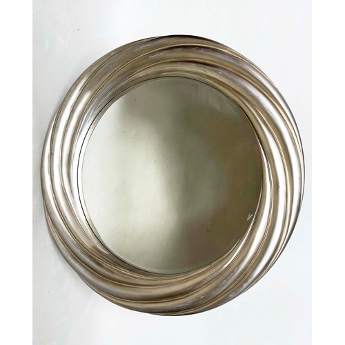 303 - R. V. ASTLEY CIRCULAR WALL MIRROR, leaf silvered rope swirl with bevelled mirror plate, 114cm W.