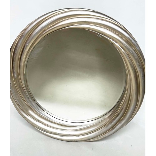 303 - R. V. ASTLEY CIRCULAR WALL MIRROR, leaf silvered rope swirl with bevelled mirror plate, 114cm W.