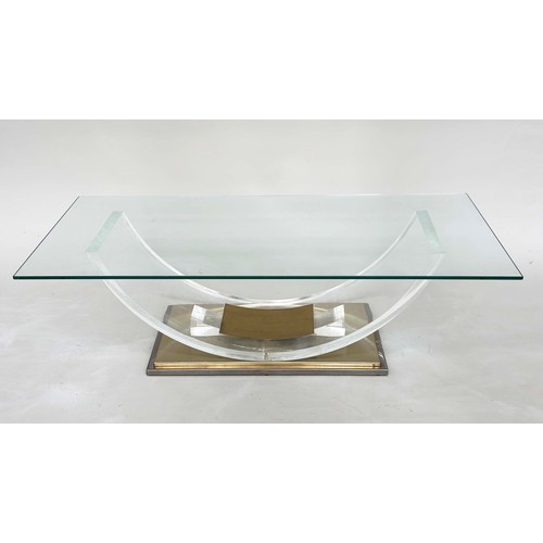 305 - BELGO CHROME LUCITE LOW TABLE, rectangular glazed on curved lucite support and gilt metal base, 140c... 