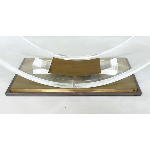 305 - BELGO CHROME LUCITE LOW TABLE, rectangular glazed on curved lucite support and gilt metal base, 140c... 