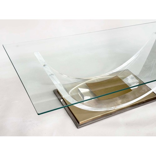 305 - BELGO CHROME LUCITE LOW TABLE, rectangular glazed on curved lucite support and gilt metal base, 140c... 