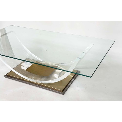 305 - BELGO CHROME LUCITE LOW TABLE, rectangular glazed on curved lucite support and gilt metal base, 140c... 