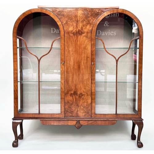 219 - ART DECO DISPLAY CASE, burr walnut with two arched glazed doors enclosing shelves, 117cm W x 128cm H... 