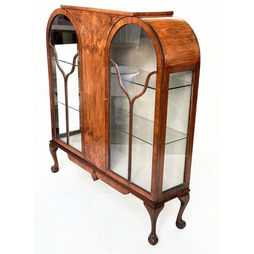 219 - ART DECO DISPLAY CASE, burr walnut with two arched glazed doors enclosing shelves, 117cm W x 128cm H... 