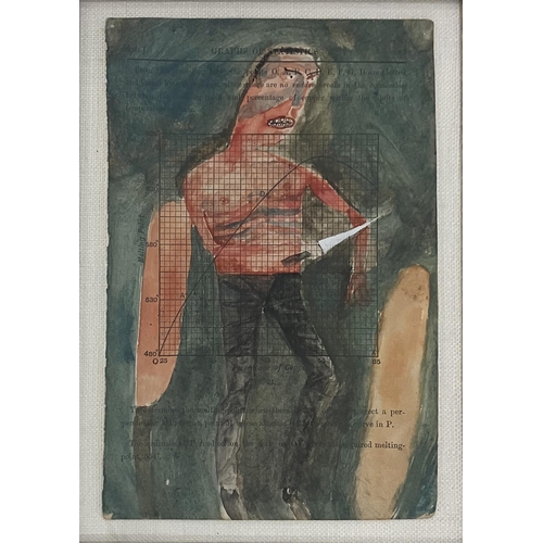 53 - JULIAN DYSON (1936-2003), 'Figure with knife', watercolour on printed page, 18cm x 12cm, framed.