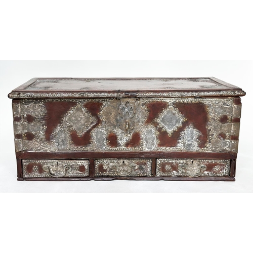 226 - ZANZIBAR CHEST, 19th century North African brass bound and decorated with rising lid and three drawe... 