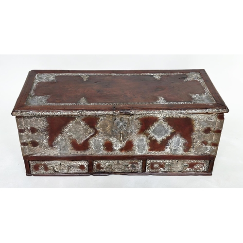 226 - ZANZIBAR CHEST, 19th century North African brass bound and decorated with rising lid and three drawe... 