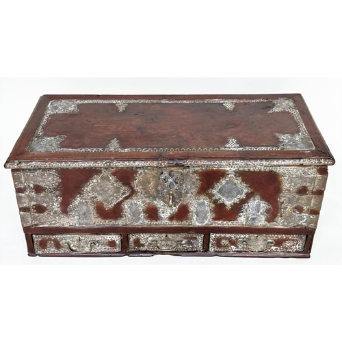 226 - ZANZIBAR CHEST, 19th century North African brass bound and decorated with rising lid and three drawe... 