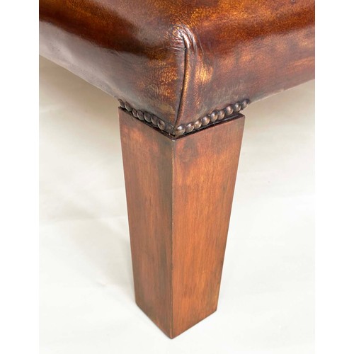 216 - HEARTH/CENTRE STOOL, Large square natural soft tan brown leather raised on square section tapering s... 