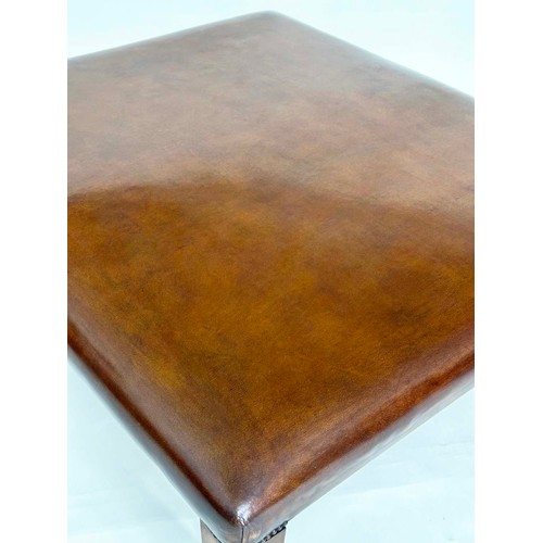 216 - HEARTH/CENTRE STOOL, Large square natural soft tan brown leather raised on square section tapering s... 