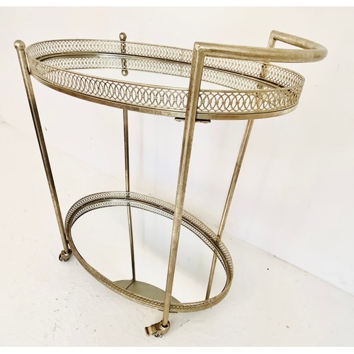 347 - MAISON JANSEN STYLE COCKTAIL TROLLEY, silvered metal frame with mirrored glass, 87cm H x 78cm x 47cm... 