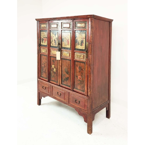 288 - CHINESE WEDDING CABINET, in a decorative red lacquer finish depicting figural scenes and floral deta... 