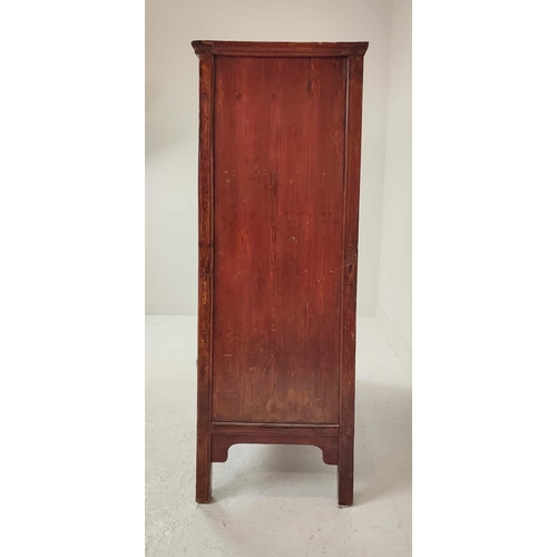 288 - CHINESE WEDDING CABINET, in a decorative red lacquer finish depicting figural scenes and floral deta... 