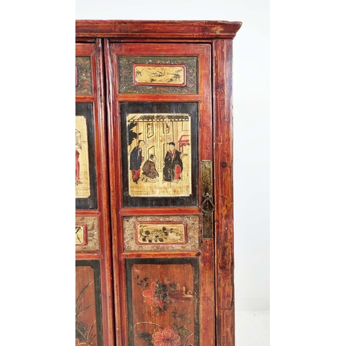 288 - CHINESE WEDDING CABINET, in a decorative red lacquer finish depicting figural scenes and floral deta... 