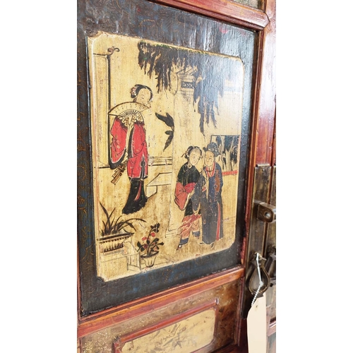 288 - CHINESE WEDDING CABINET, in a decorative red lacquer finish depicting figural scenes and floral deta... 