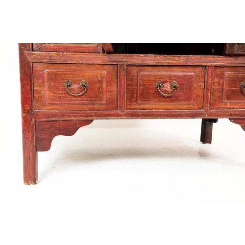 288 - CHINESE WEDDING CABINET, in a decorative red lacquer finish depicting figural scenes and floral deta... 