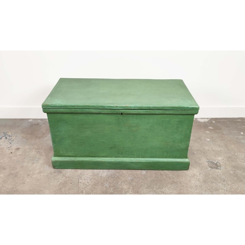 284 - TRUNK, Victorian green painted pine with wreath decorated top, interior trays and iron handles, 50cm... 