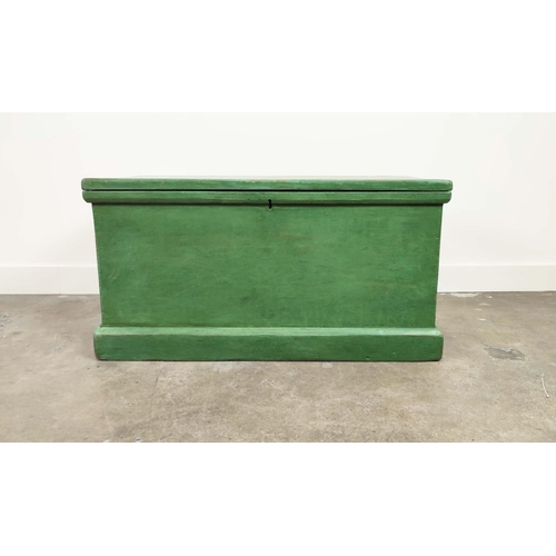 284 - TRUNK, Victorian green painted pine with wreath decorated top, interior trays and iron handles, 50cm... 