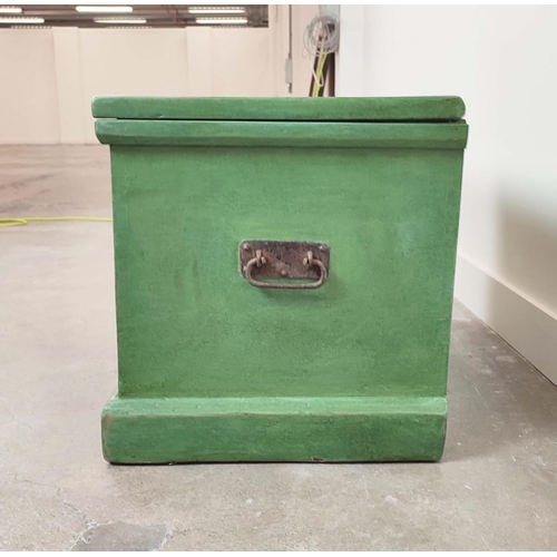 284 - TRUNK, Victorian green painted pine with wreath decorated top, interior trays and iron handles, 50cm... 