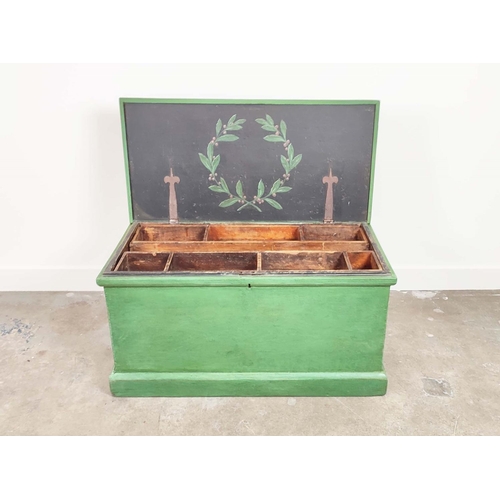 284 - TRUNK, Victorian green painted pine with wreath decorated top, interior trays and iron handles, 50cm... 