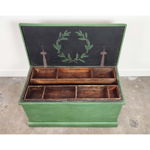 284 - TRUNK, Victorian green painted pine with wreath decorated top, interior trays and iron handles, 50cm... 
