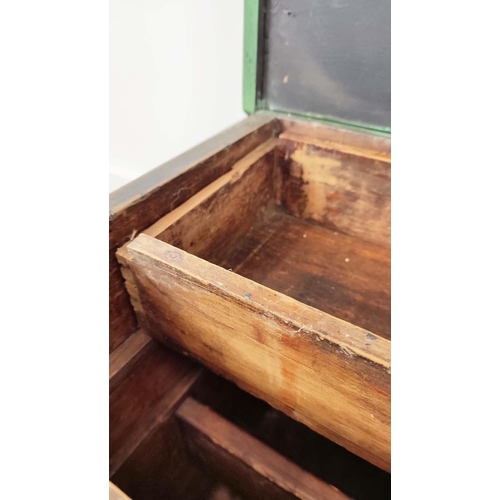 284 - TRUNK, Victorian green painted pine with wreath decorated top, interior trays and iron handles, 50cm... 