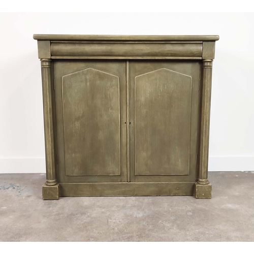 285 - SIDE CABINET, Victorian green painted with drawer above two doors enclosing shelves, 98cm H x 104cm ... 