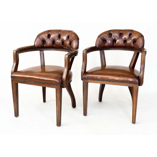 236 - LIBRARY ARMCHAIRS, a pair, Georgian design antique studded and buttoned soft tan brown leather with ... 