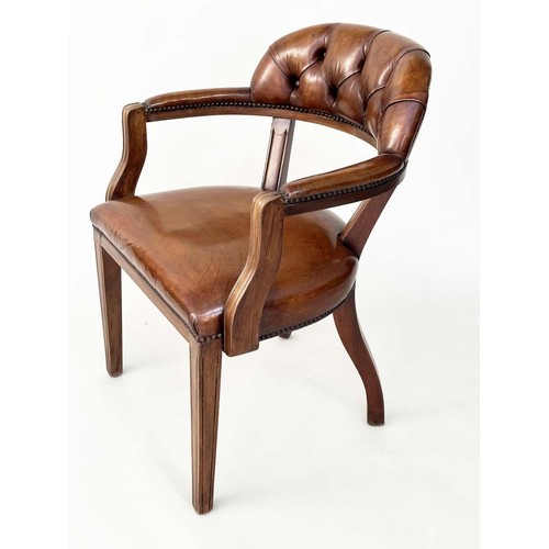 236 - LIBRARY ARMCHAIRS, a pair, Georgian design antique studded and buttoned soft tan brown leather with ... 