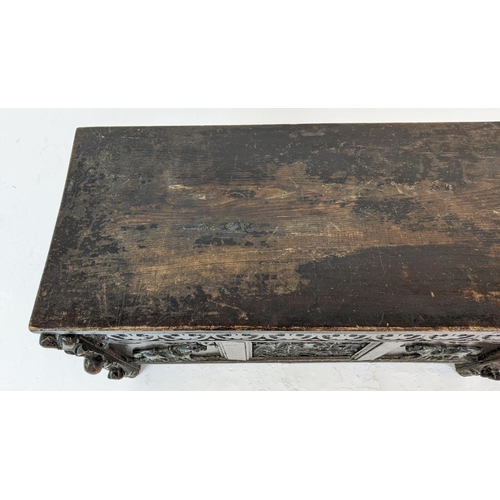 267 - COFFER, antique Jacobean design oak, ash and metal mounted with a rising lid, carved detail and appl... 