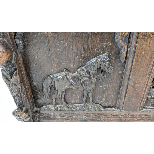 267 - COFFER, antique Jacobean design oak, ash and metal mounted with a rising lid, carved detail and appl... 