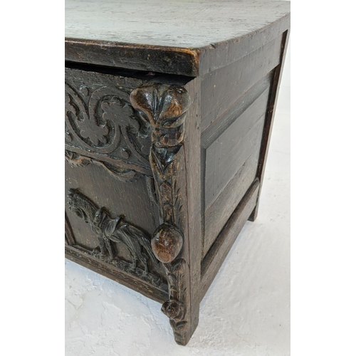 267 - COFFER, antique Jacobean design oak, ash and metal mounted with a rising lid, carved detail and appl... 